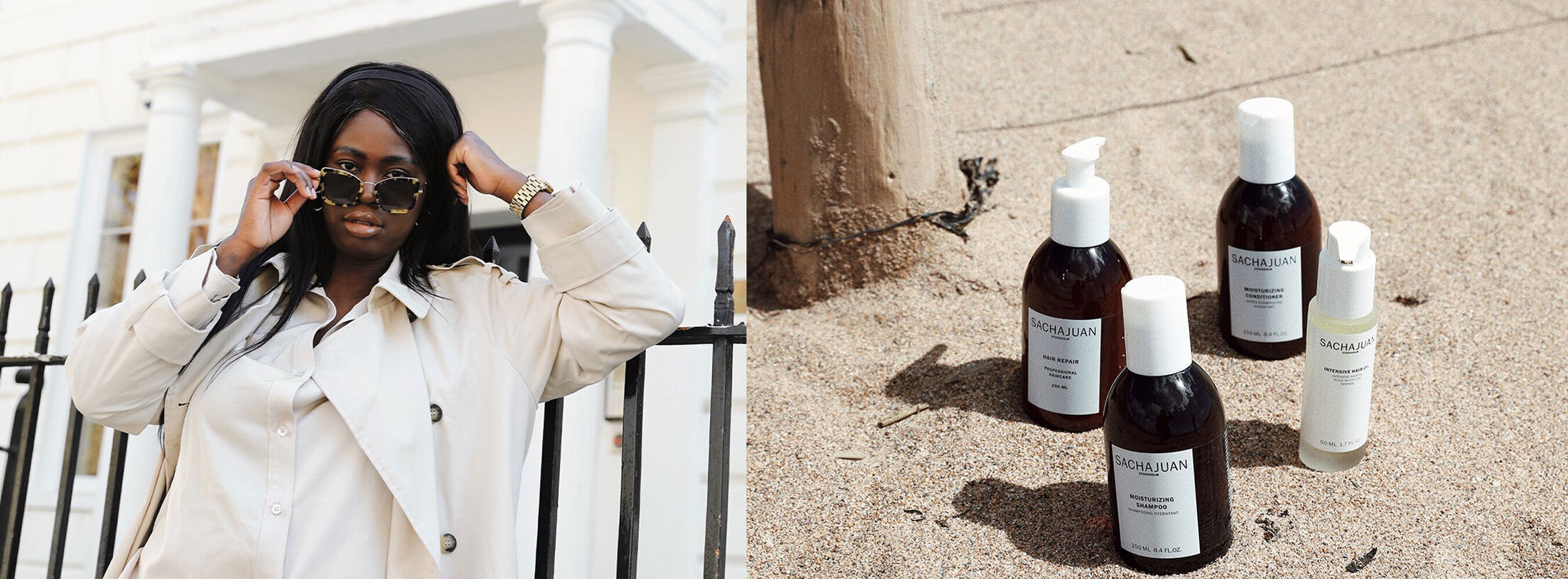 Image is a composition of images, on the left a woman of colour wears a cream coat and looks over her tortoiseshell sunglasses straight down the camera, on the right is a composition of beauty products, with brown bottles and white lids nestled in sand