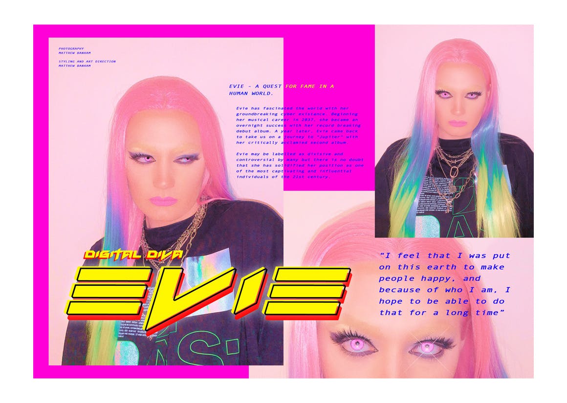 Image shows a composition similar to a magazine layout featuring a bright pink background and neon text saying Evie along with images of Evie a half human half robot influencer character