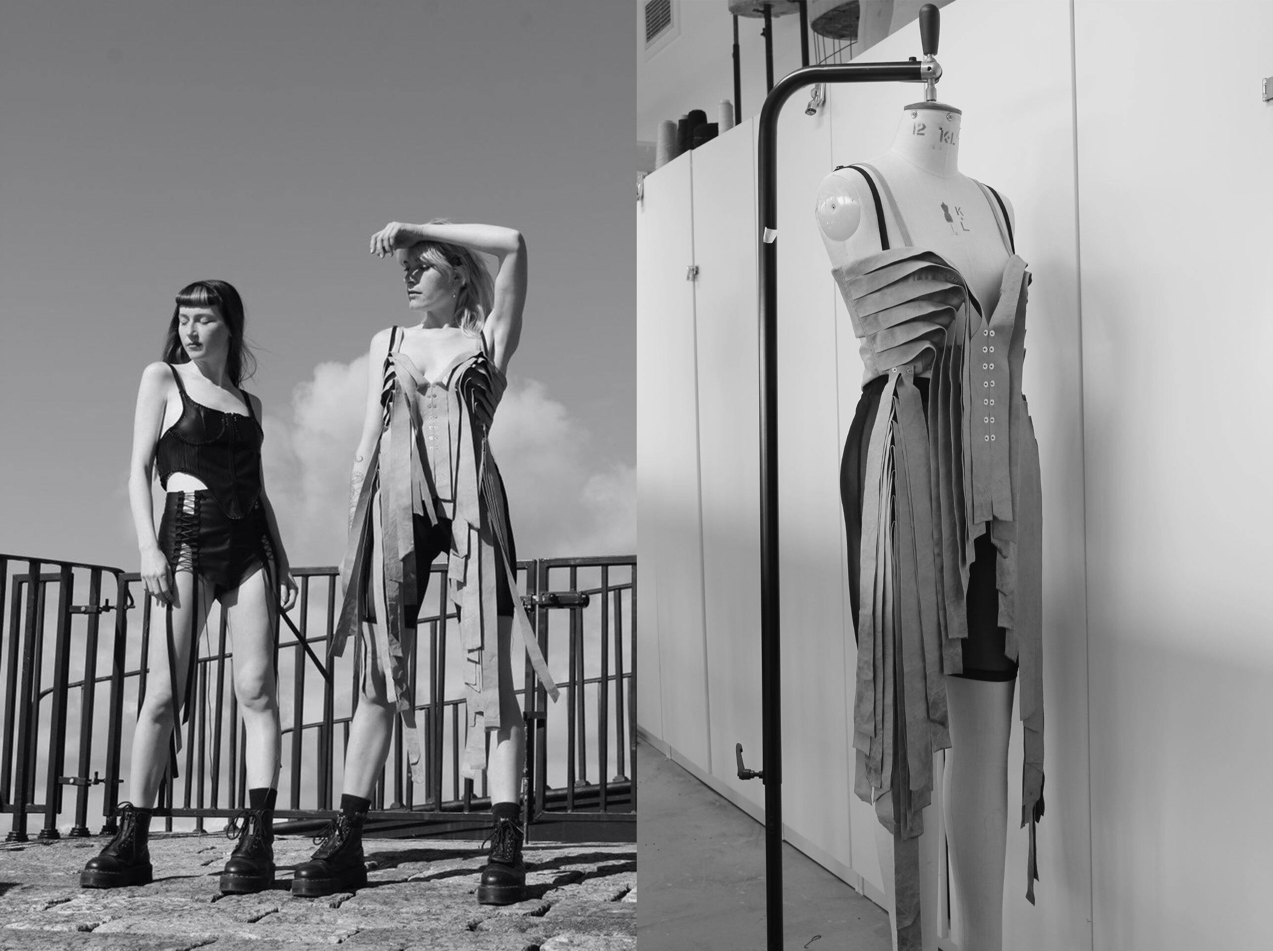 Image is a composition of black and white images, on the left there are two women stood in Phoebe's dresses which are black and grey with textural fabric elements, on the right is Phoebe's grey dress, with textured fabric, hanging on a mannequin