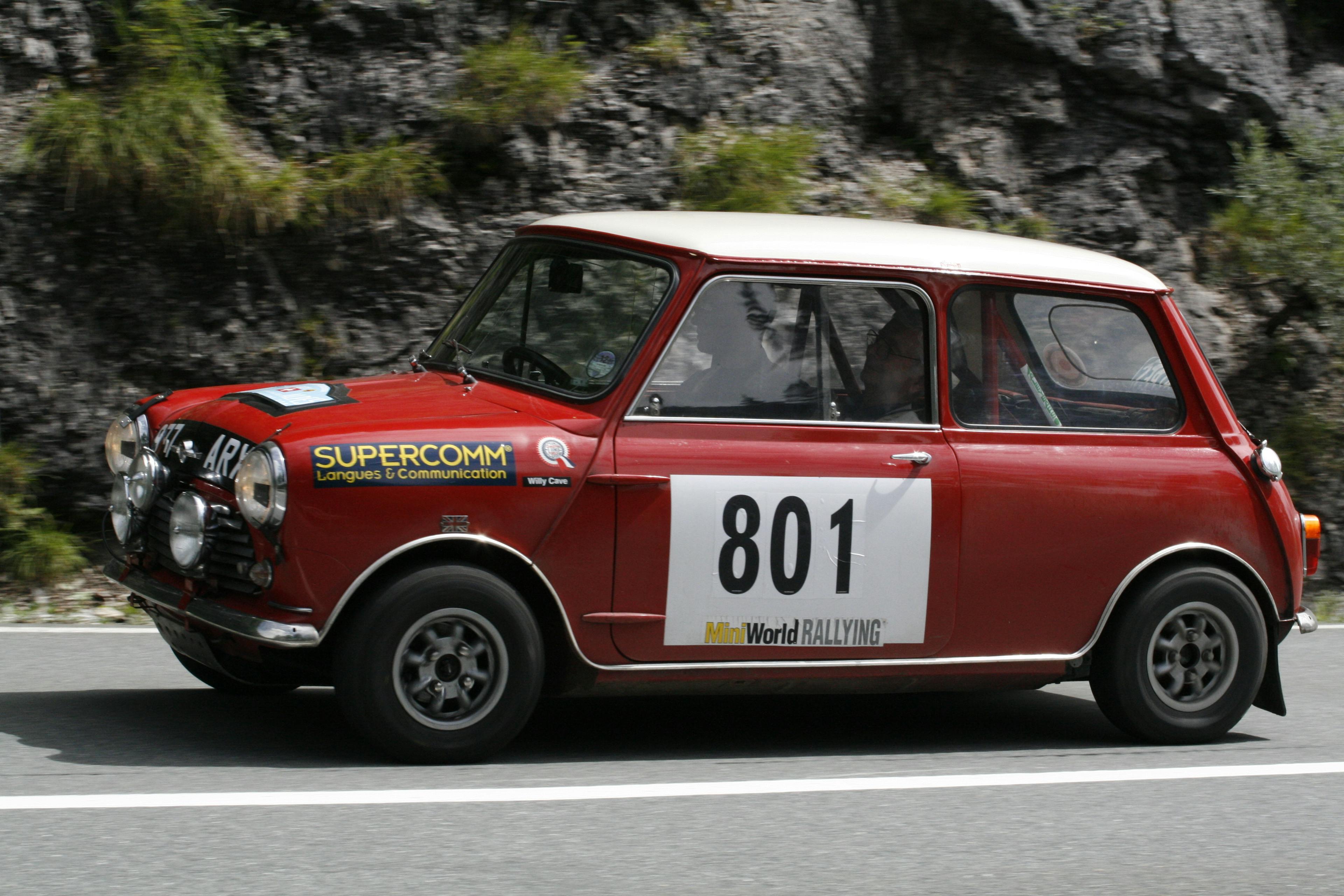 Peter Barker and co-driver Willy Cave speed onwards to the finish of the 2007 Rallye des Alpes in their 1962 Mini Cooper
