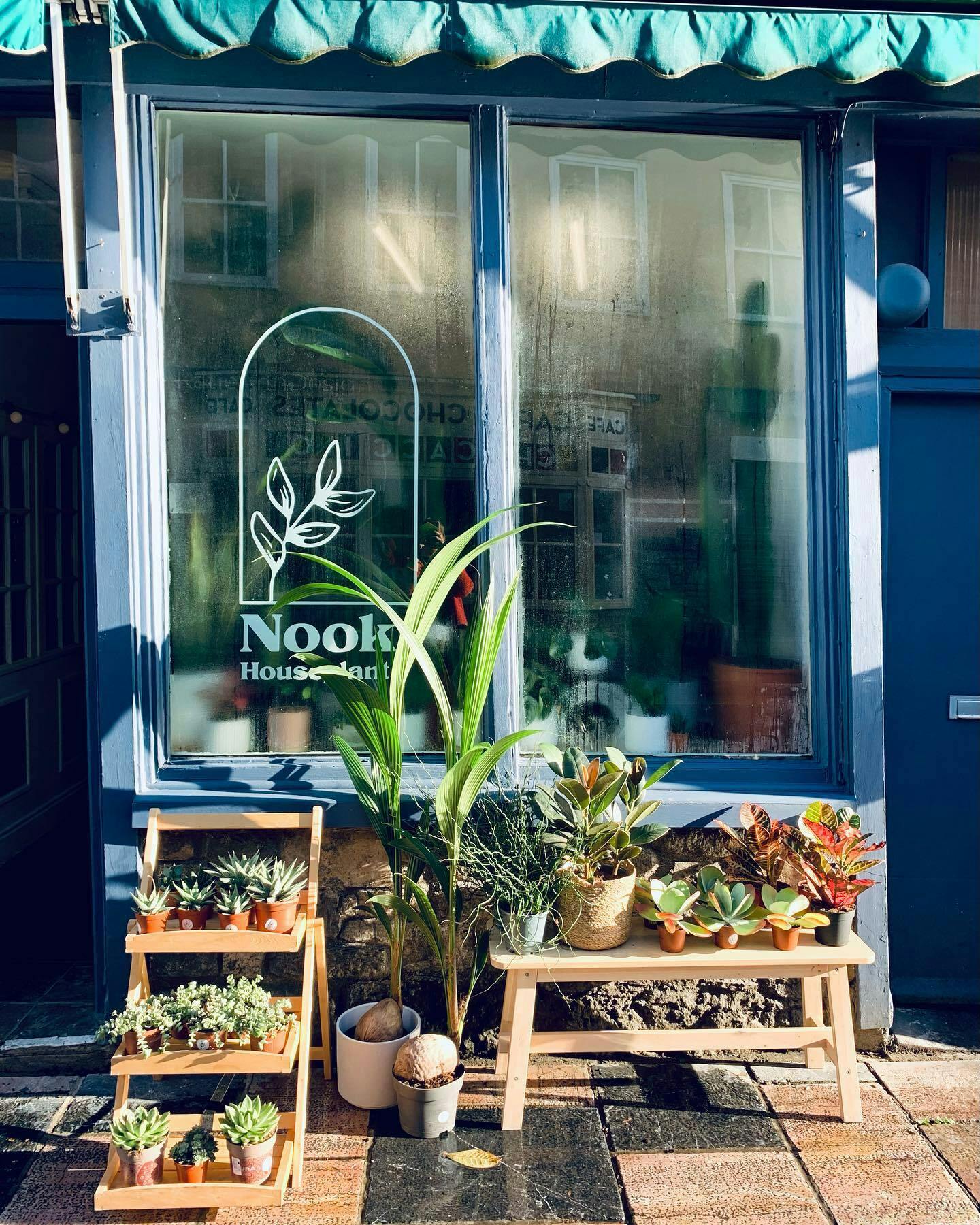 Exterior shot of Nook Houseplants, with steamed up windows, plants on display and logo proud in the window