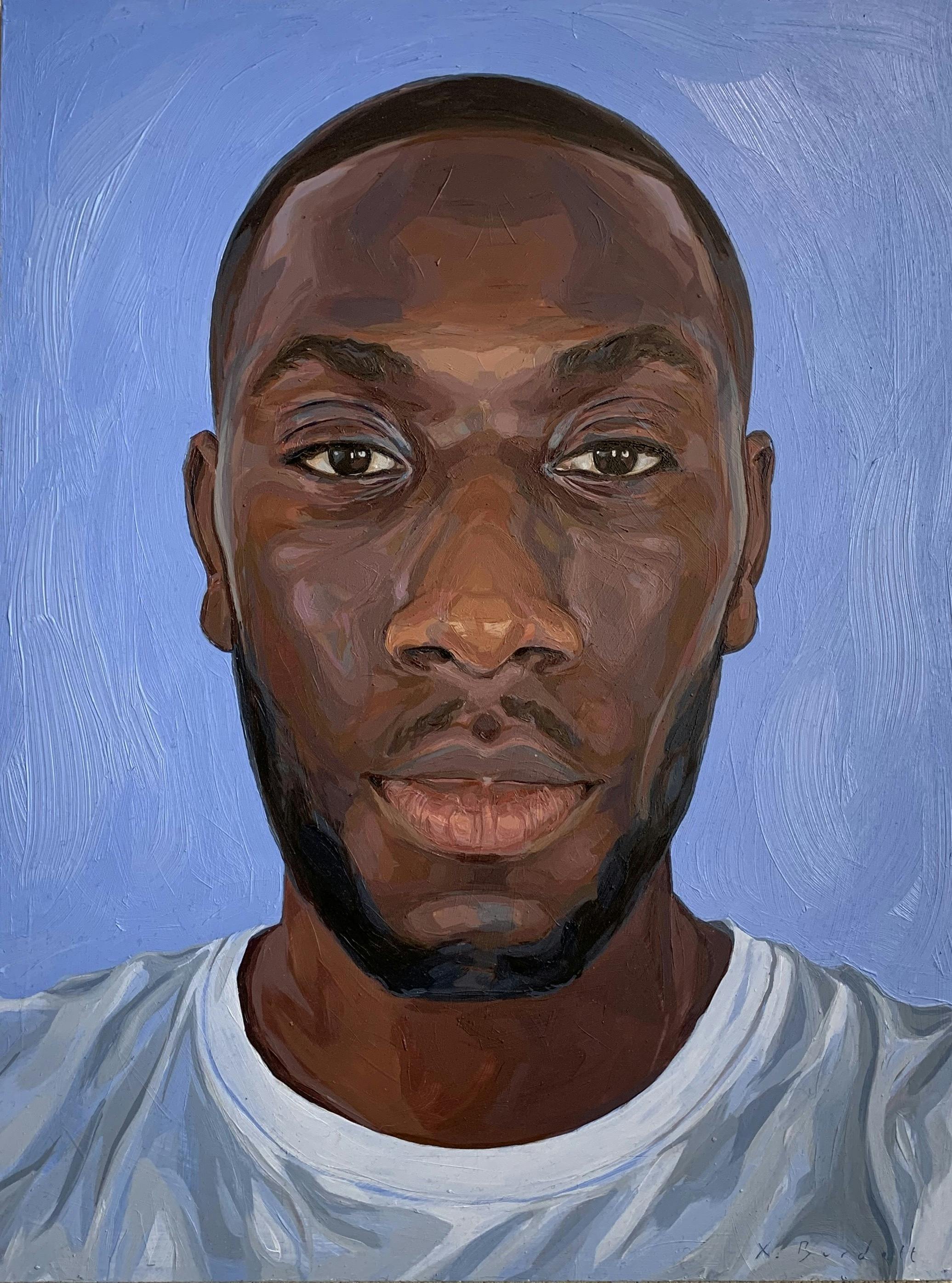 A painting of Afolabi Alli, a portrait of a black man with short black hair and beard wearing a white tshirt in front of a blue background