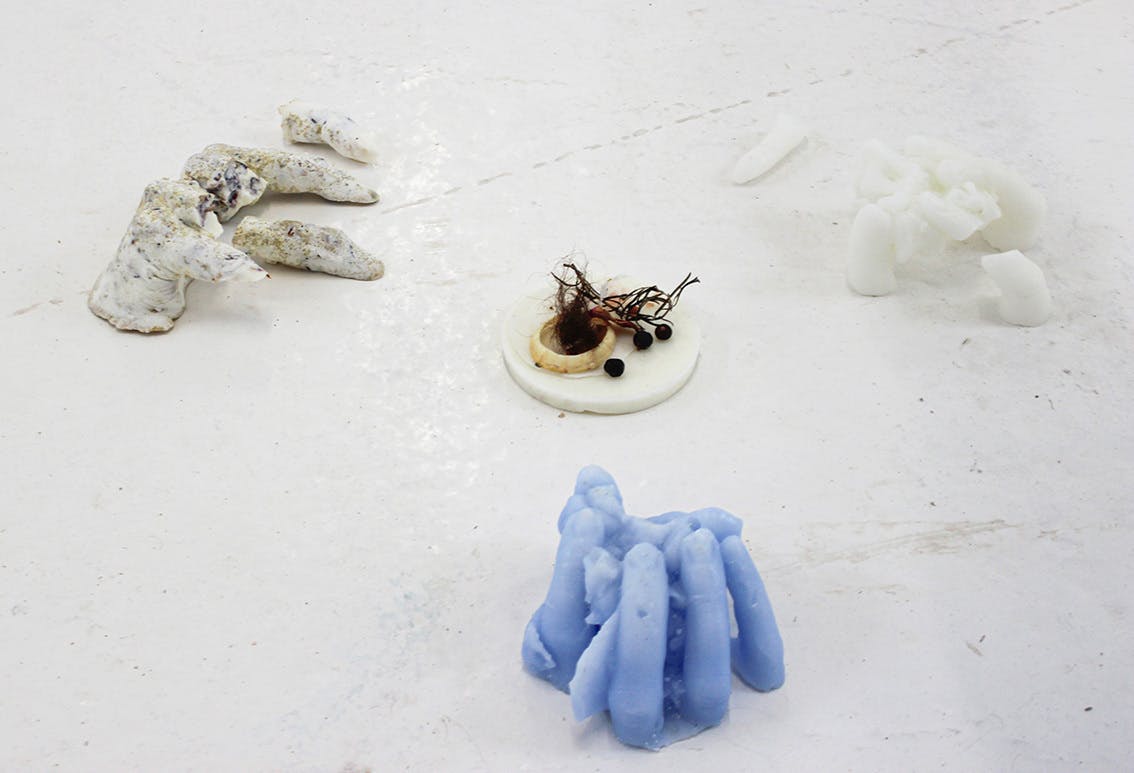 Sculptural installation of casts of hands surrounding a small circular still life set up featuring a shell work by Ashanti for Testspace at Karst June 2021 Photos by Eloise Dodsworth