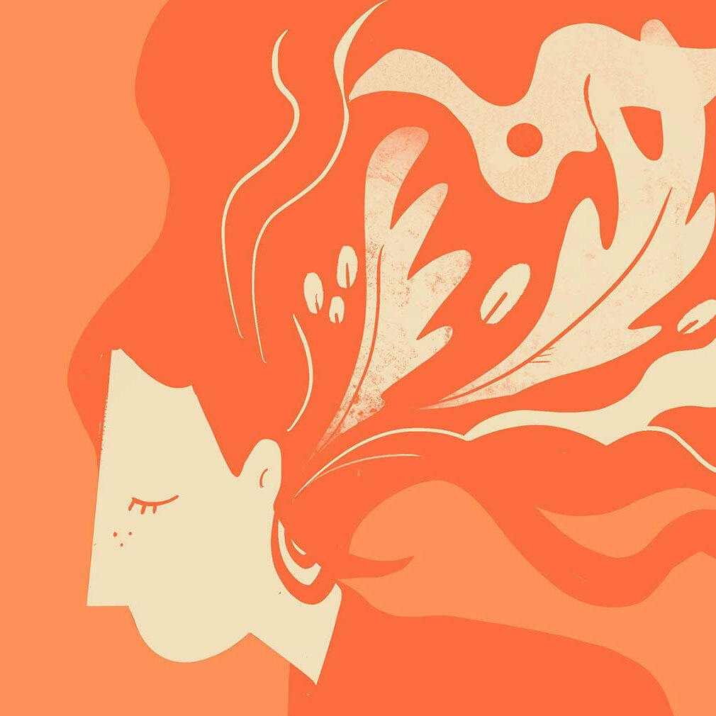 A face with flowing hair in tonal orange colours by BA Hons Illustration Class of 2022 graduate Kate O Dowd Channing
