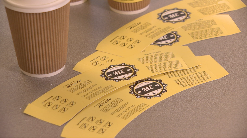 Hollie Cullen has designed coffee cup sleeves to raise awareness about M E