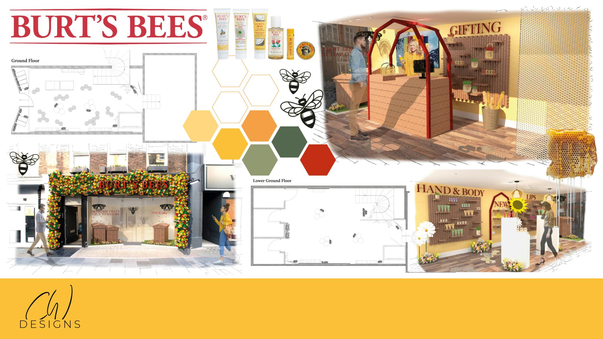 Plymouth College of Art graduating Interiors student Chloe Wickham mood board for final major project featuring Burts Bees, interior and exterior shots, coloured hexagons, floor plans and products in autumnal tones