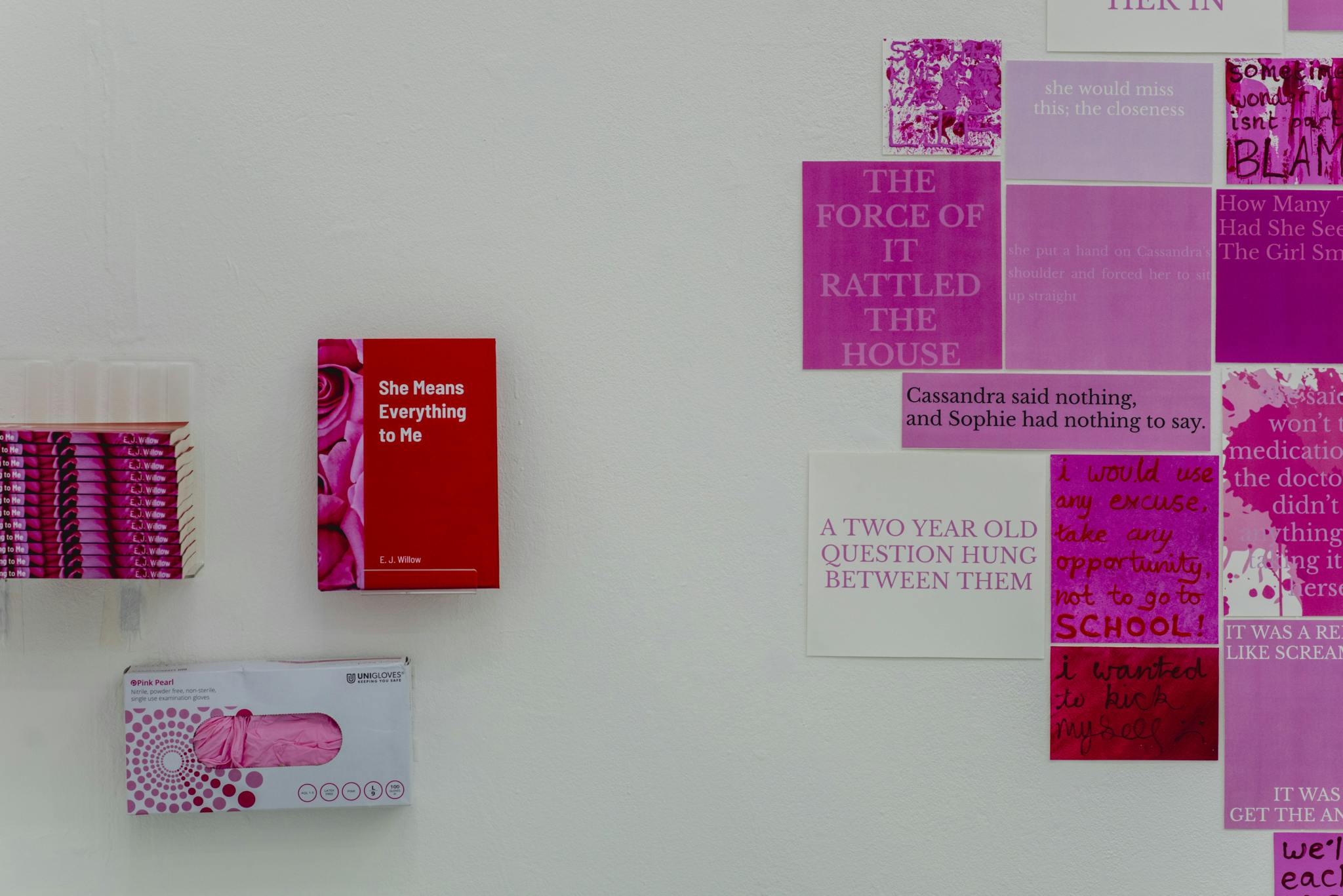 Image shows a wall with a number of pink images and quotes on it and to the left there is a book and several copies as well as some pink gloves