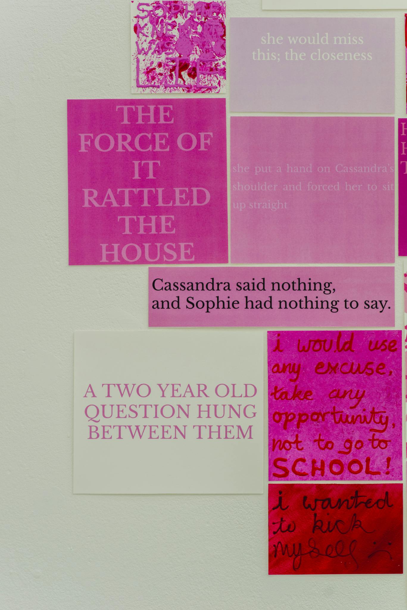 Image shows a wall with a number of pink quote and images on it