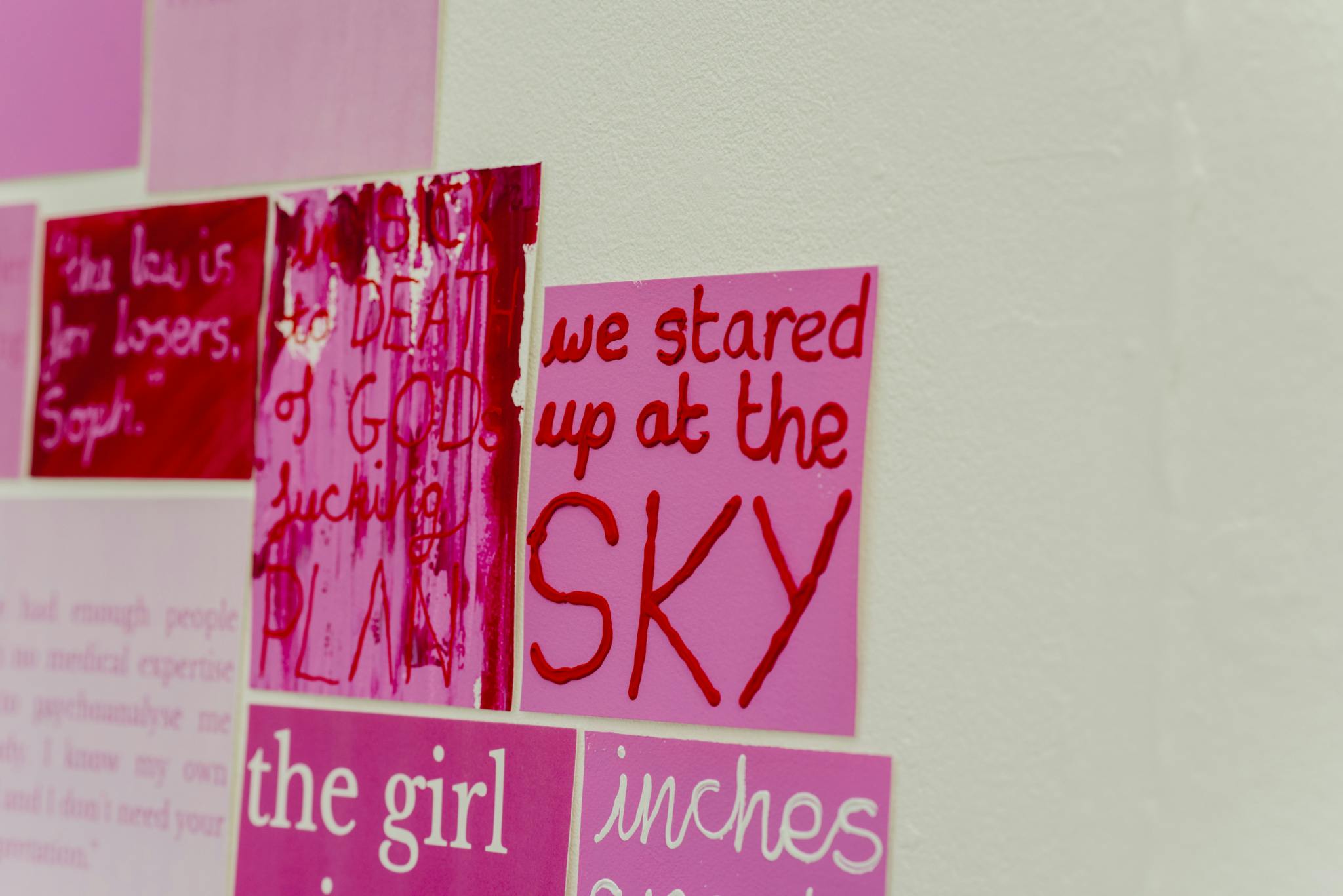 Image shows a wall with lots of pink quotes and images on it, the one in the foreground reading 'we stared up at the sky'