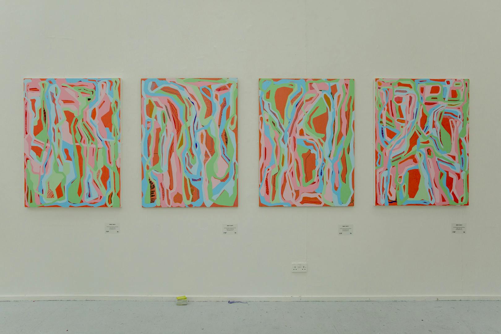 Image shows Ebony's four paintings in situ in the exhibition, featuring bright colourful patterns against a white neutral background