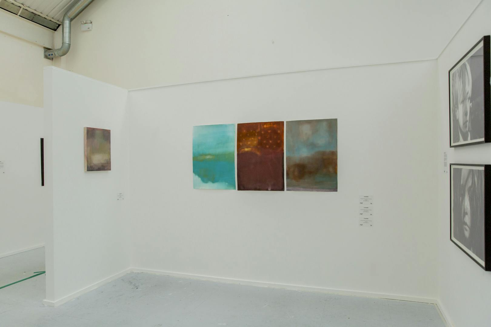 Image shows Jo Hooper's work in exhibition space with three paintings in the background on a neutral white background