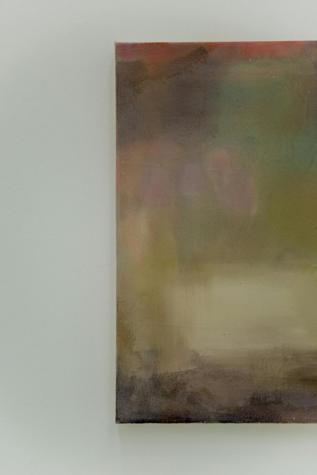 Image shows Jo Hooper's painting hanging on a wall, featuring autumnal tones and abstract painting techniques