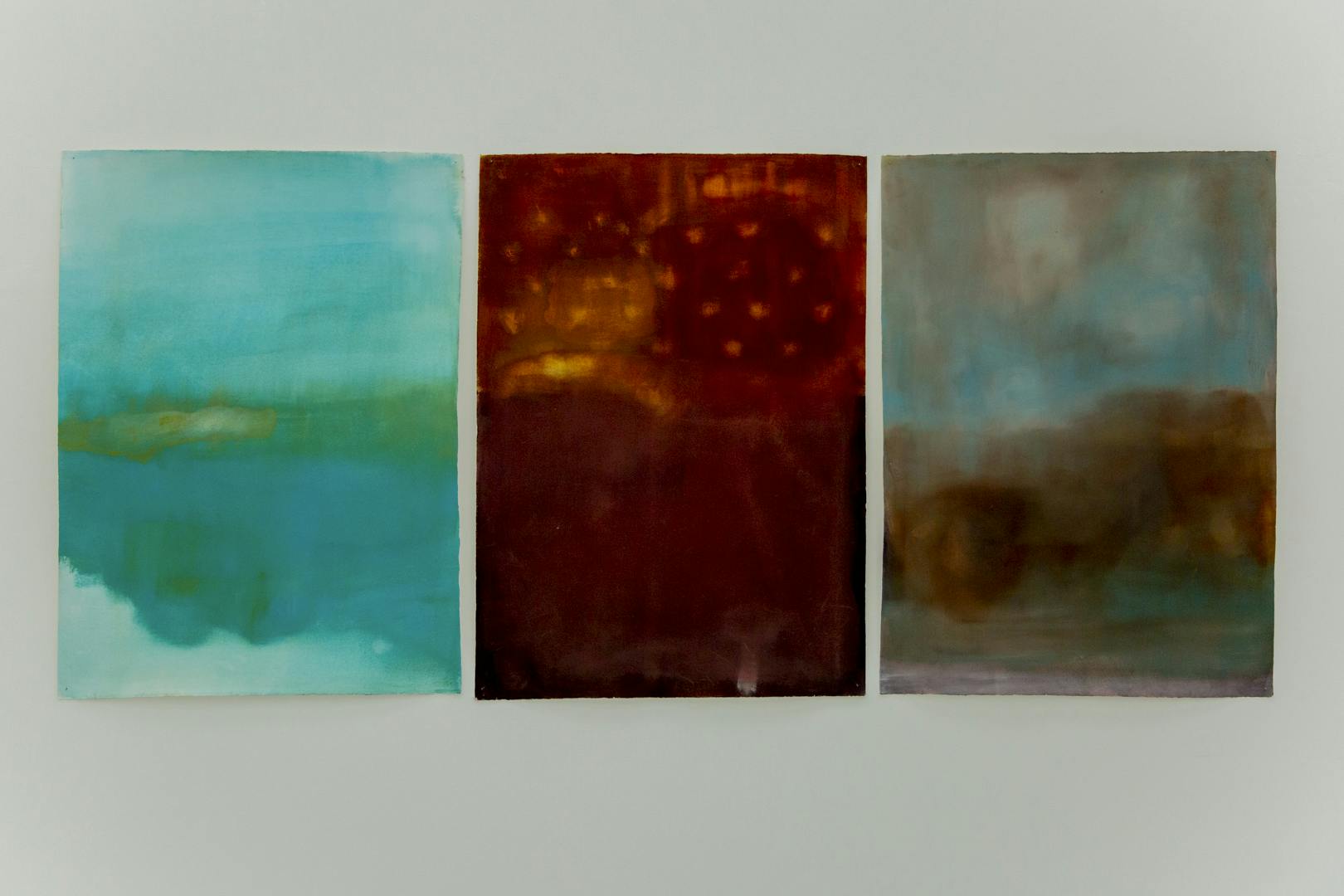 Image shows three of Jo Hooper's paintings, featuring interesting patterns, vibrant colours and interesting painting techniques