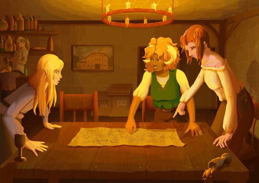 Ellie Woodman three characters around a table looking at a map