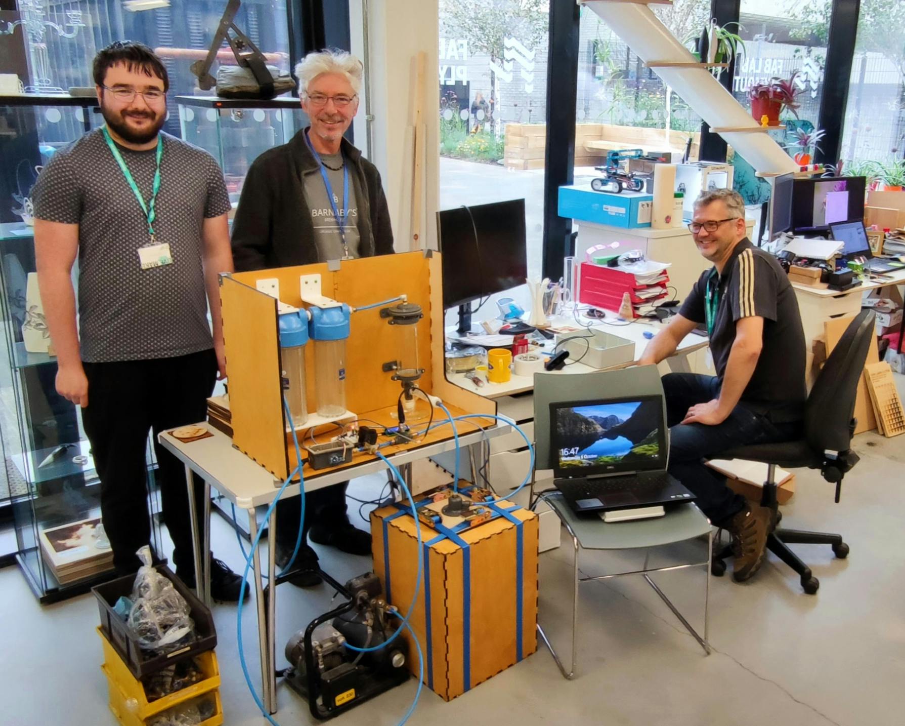 L to R Ben Gale Tim Stacey and Ian Hankey in Fab Lab Plymouth