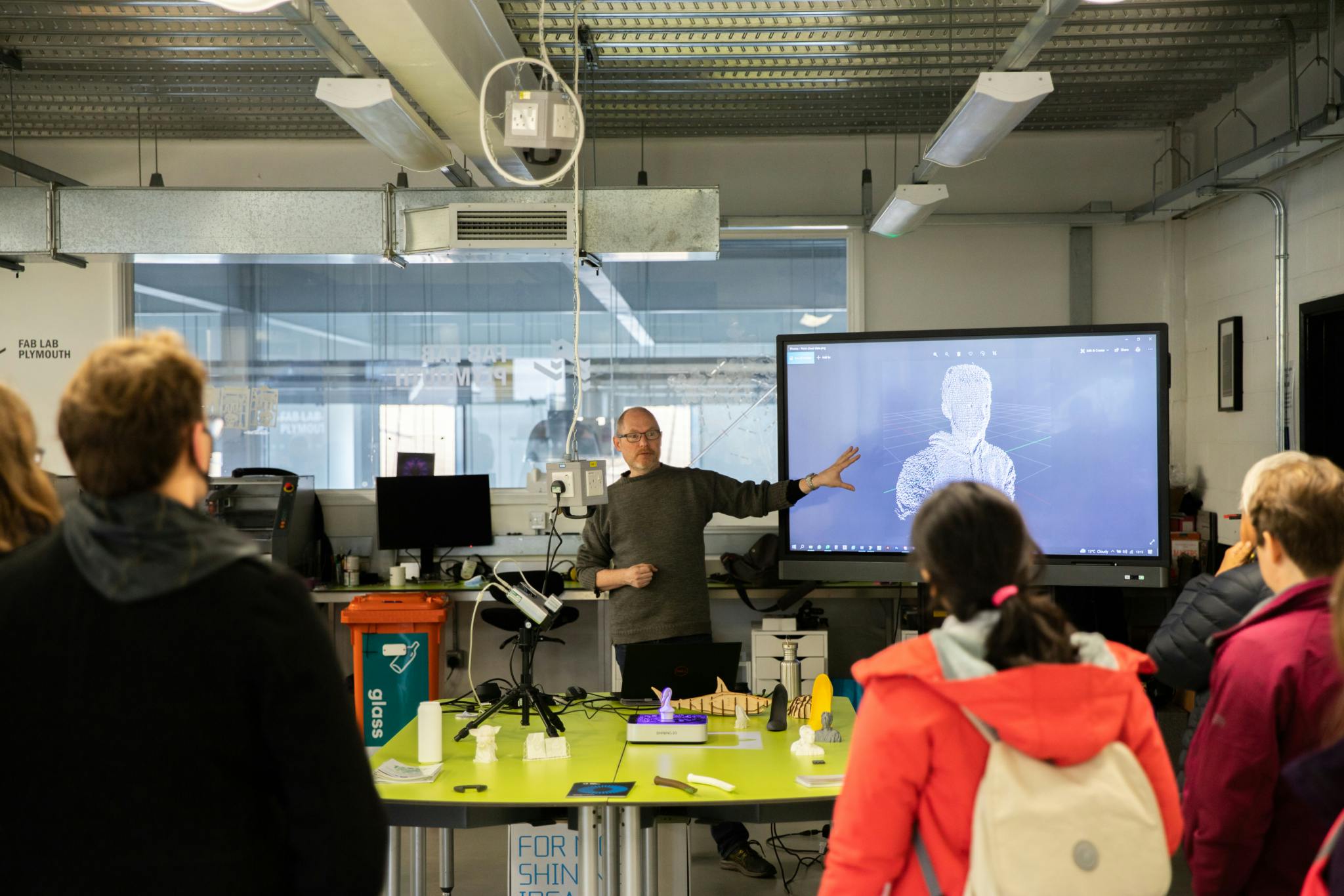 Participants on a tour of the Fab Lab exploring 3 D scanning Photo credit Mia Hollywood
