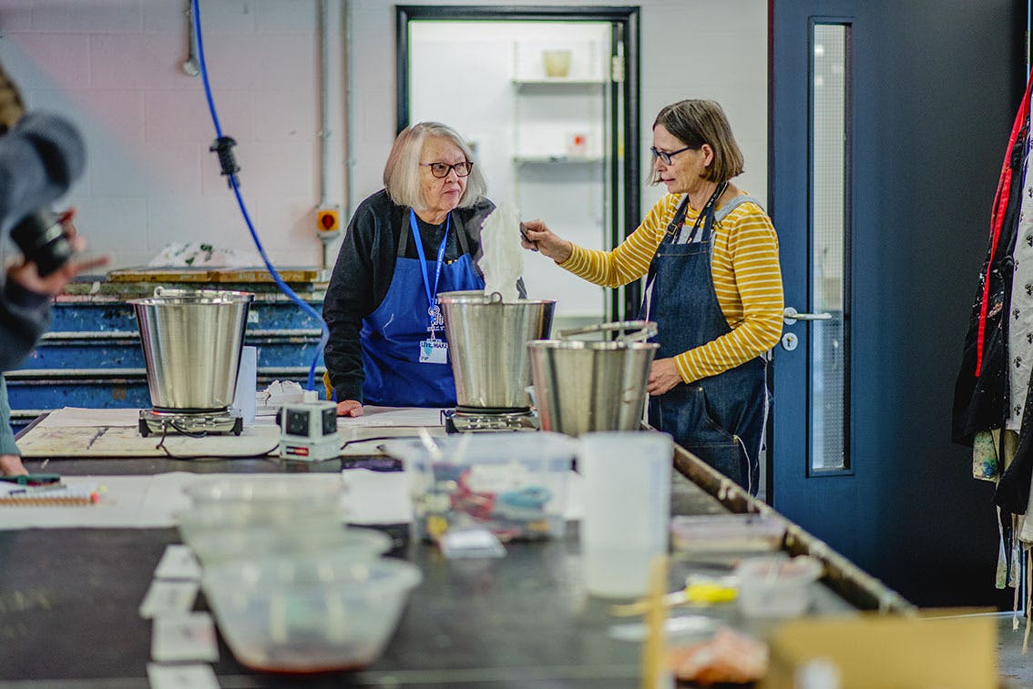 Textiles Natural Dyeing Workshop with Jane Deane in November 2021 Jane talks to a student
