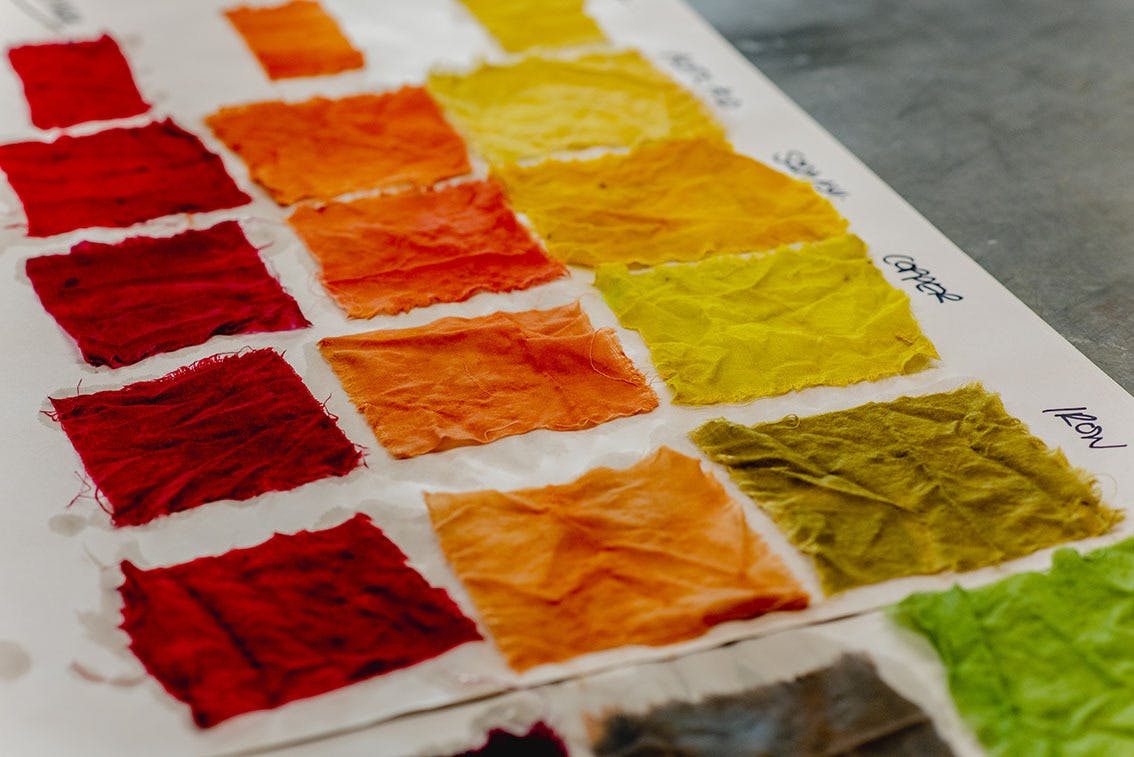 Textiles Natural Dyeing Workshop with Jane Deane in November 2021 colourful fabric swatches in shades of yellow orange and green