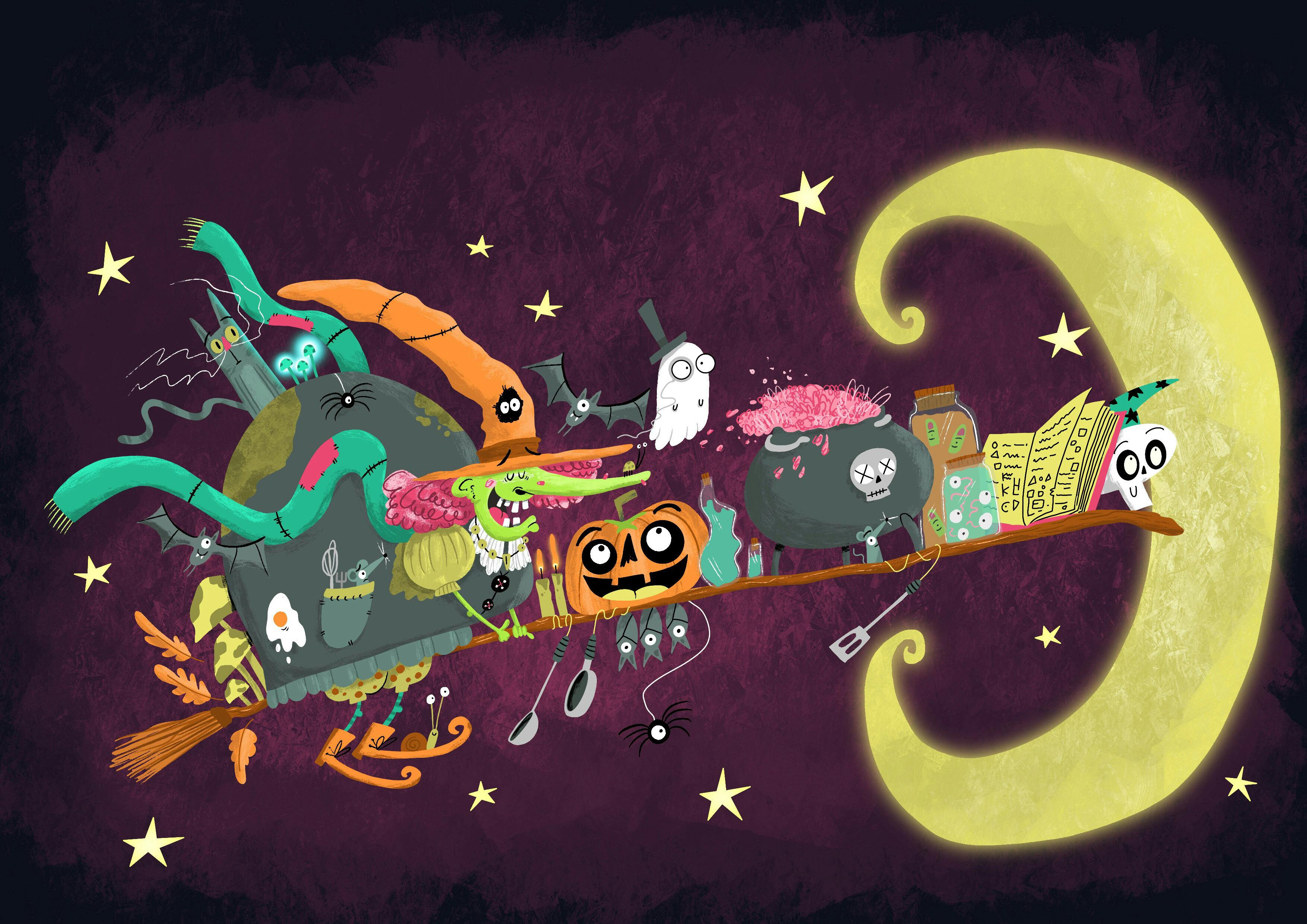 An illustration of a witch on a broomstick with a large crescent moon with a face in the background and lots of animated creatures on the broomstick