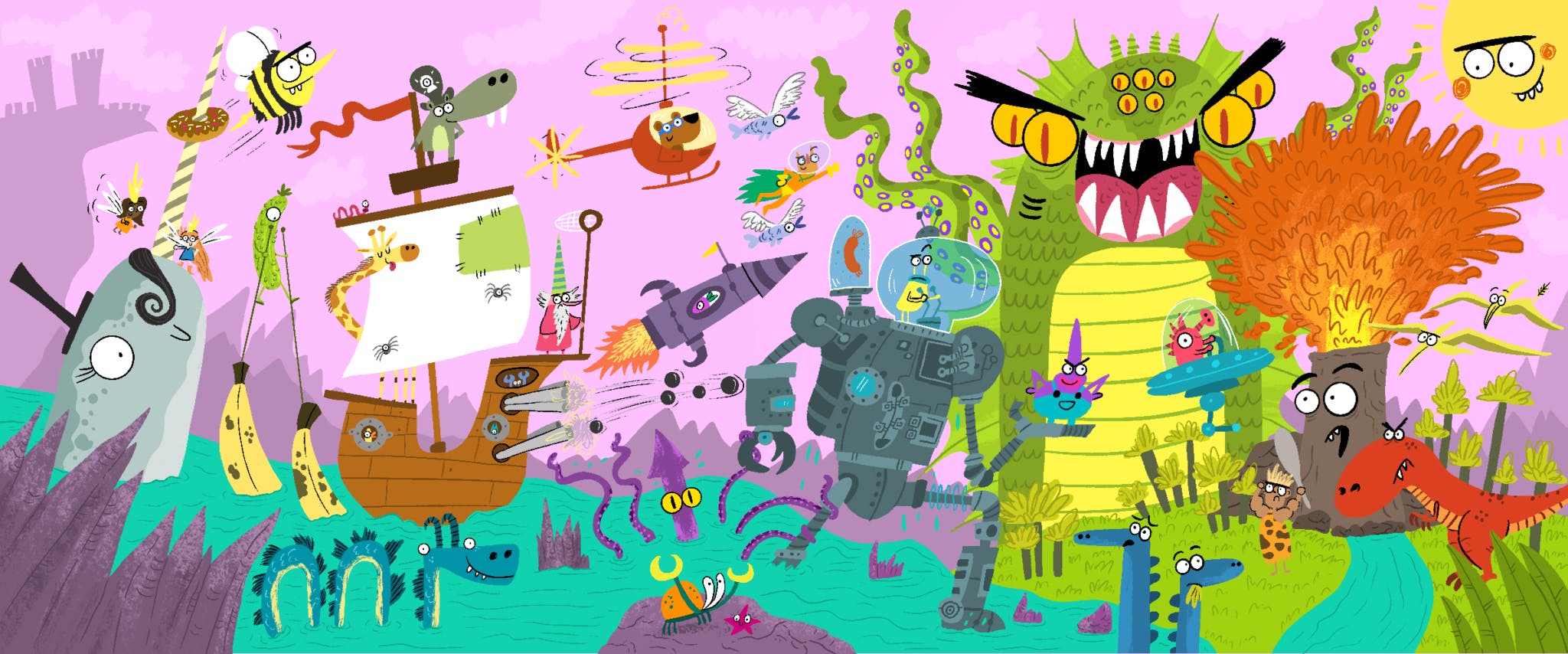 Colourful illustration featuring fantastical creatures