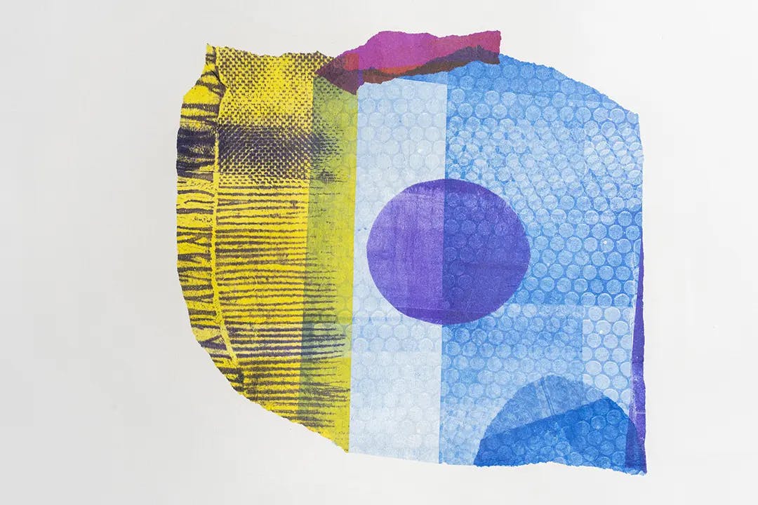 Artwork by Jo Tyler shows an abstract print with yellows, pinks, purples and blues