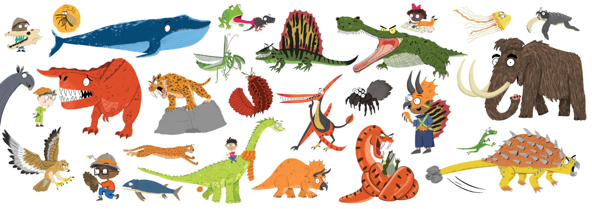 Lots of illustrated reptiles and dinosaurs on a white background